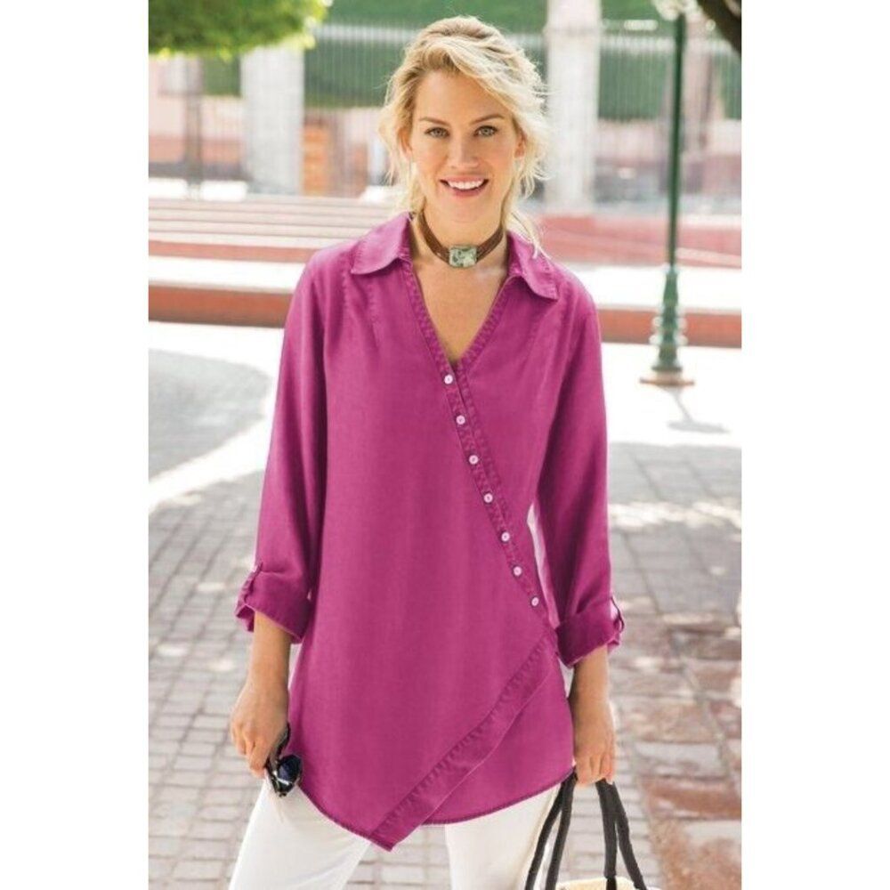 Soft Surroundings Washed Tencel Tunic Asymmetrical Buttons Magenta Size Large
